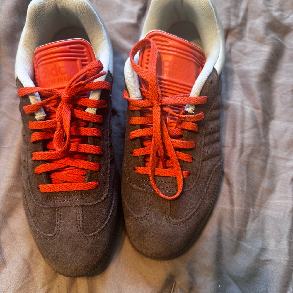 adidas x DINGYUN ZHANG Brown Suede Sneakers with Orange Tongue and Laces